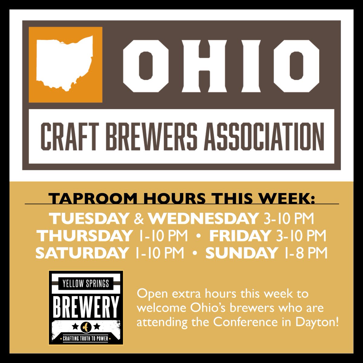 YSBrewery's tweet photo. Open extra hours this week so we can welcome the Ohio brewers who are attending the Ohio Craft Brewer's Conference. https://t.co/j6cYTkFxWy