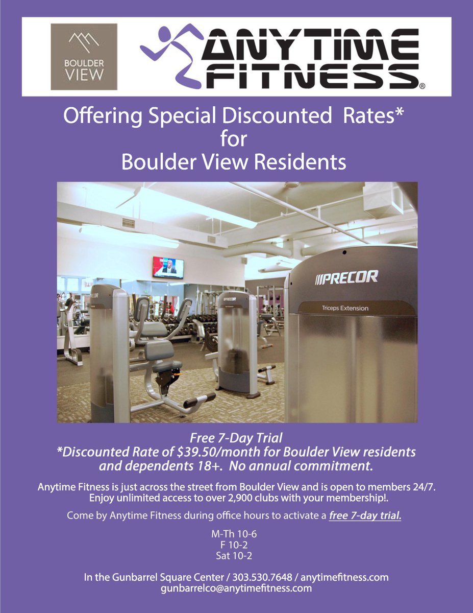 Anytime Fitness in Gunbarrel, only minutes from Boulder View, is offering special discounted rates to our residents!