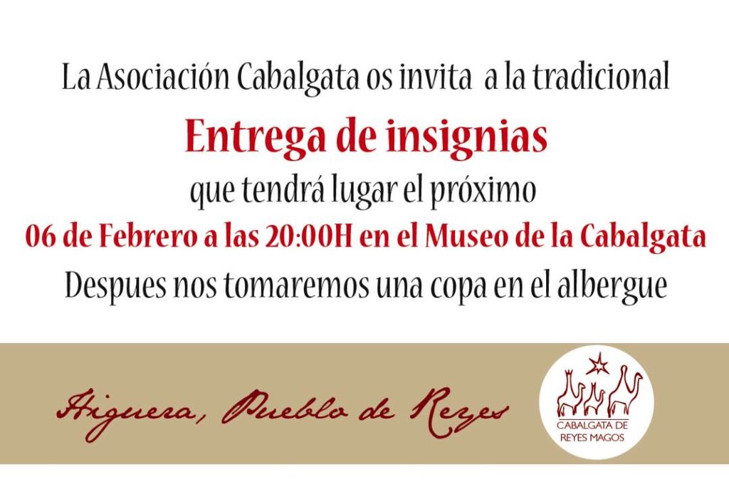 AsoCabalHiguera's tweet photo. Queremos invitaros a todos a que nos acompañeis a la tradicional entrega de insignias a los 3 Reyes y la Estrella. https://t.co/iIMk2gxj4Y