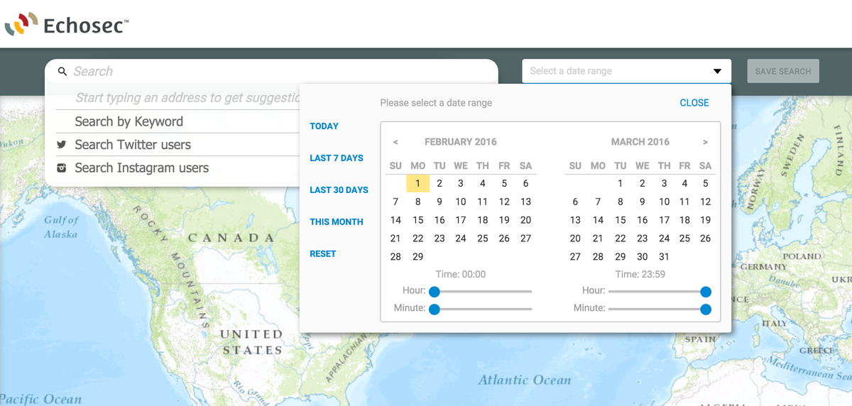 KarlSwannie's tweet image. New #echosec enterprise. Space, Keyword, User &amp;amp; Time. Vry Impressive! ping @Where_IsDave for more. #osint #startup