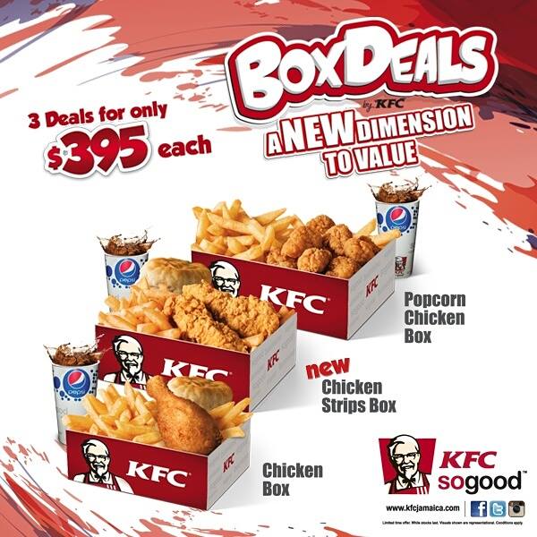kfcjamaica's tweet photo. Remember, you can enjoy any of these 3 great #KFC #BOXDEALS for only J $395 each! #SoGood #GoodToTheBone https://t.co/O4qw12S8JT