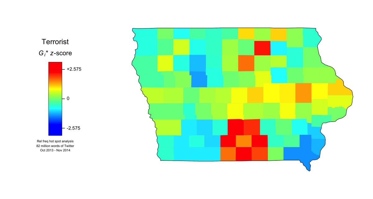 JWGrieve's tweet photo. Mapping election issues in Iowan Tweets: TERRORIST #IowaTODAY #wordmapper #bigdata https://t.co/rA2VVJWwYV