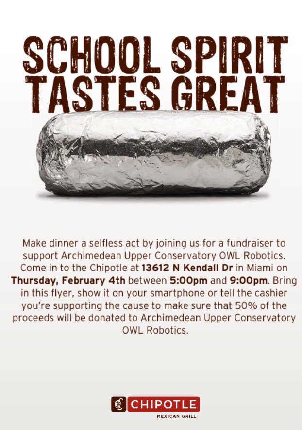 OwlRobotics's tweet photo. THIS THURSDAY COME OUT AND SUPPORT US AT CHIPOTLE! https://t.co/VBkIFaNtQC