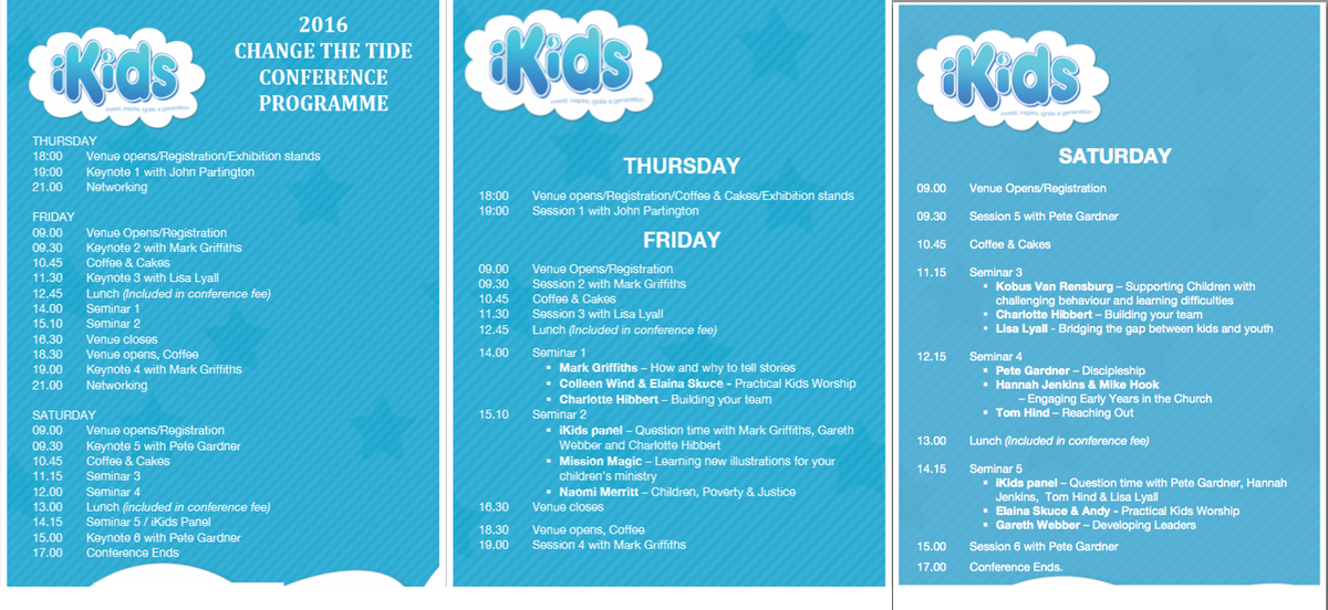 Check out the programme for ikids conference 2016! 11th-13th Feb. Book in today @ aog.org.uk