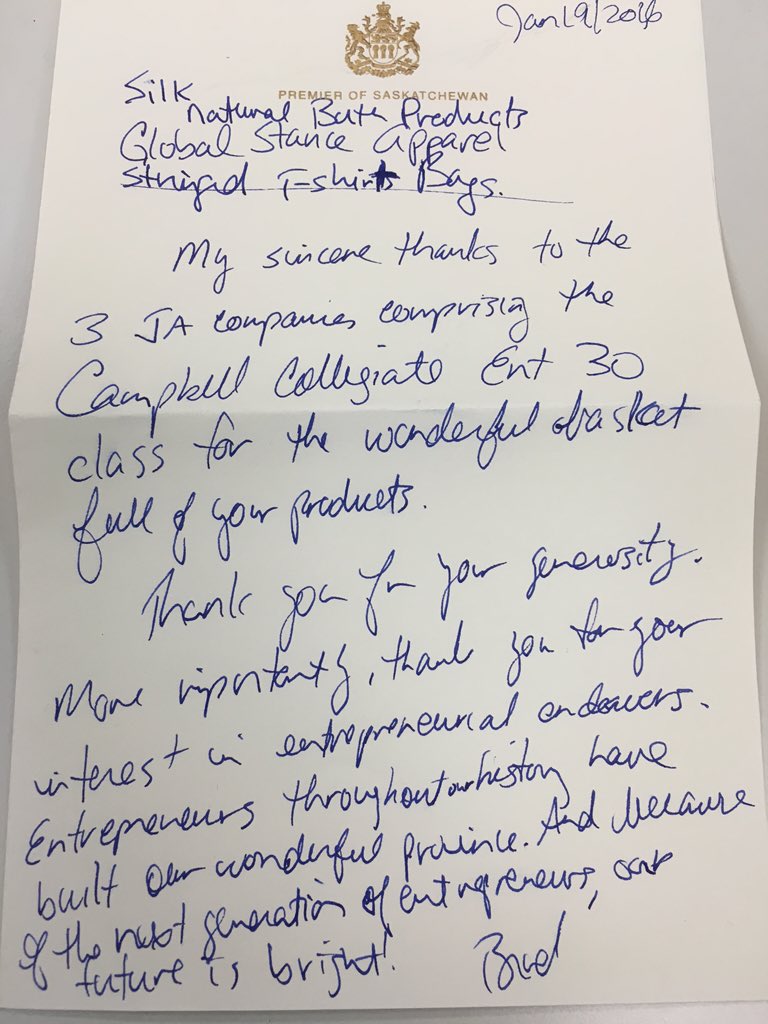 MrMcFarlen's tweet image. Thank you @PremierBradWall for handwritten note to #Entre30 class! @globalstanceja @SilkNaturalBath @StringedBags