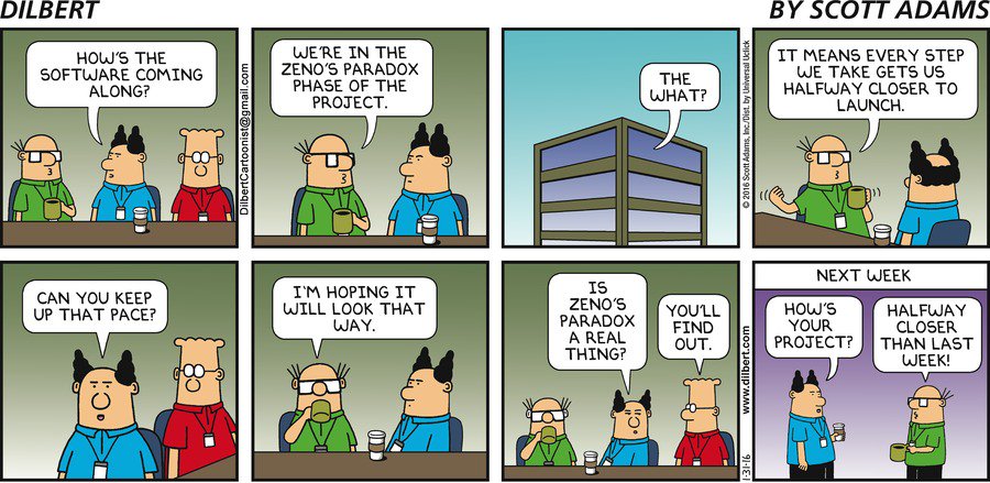 loggly's tweet image. #ZenosParadox: where every step you take in a project gets you halfway closer to launch #ProgrammerHumor #Dilbert