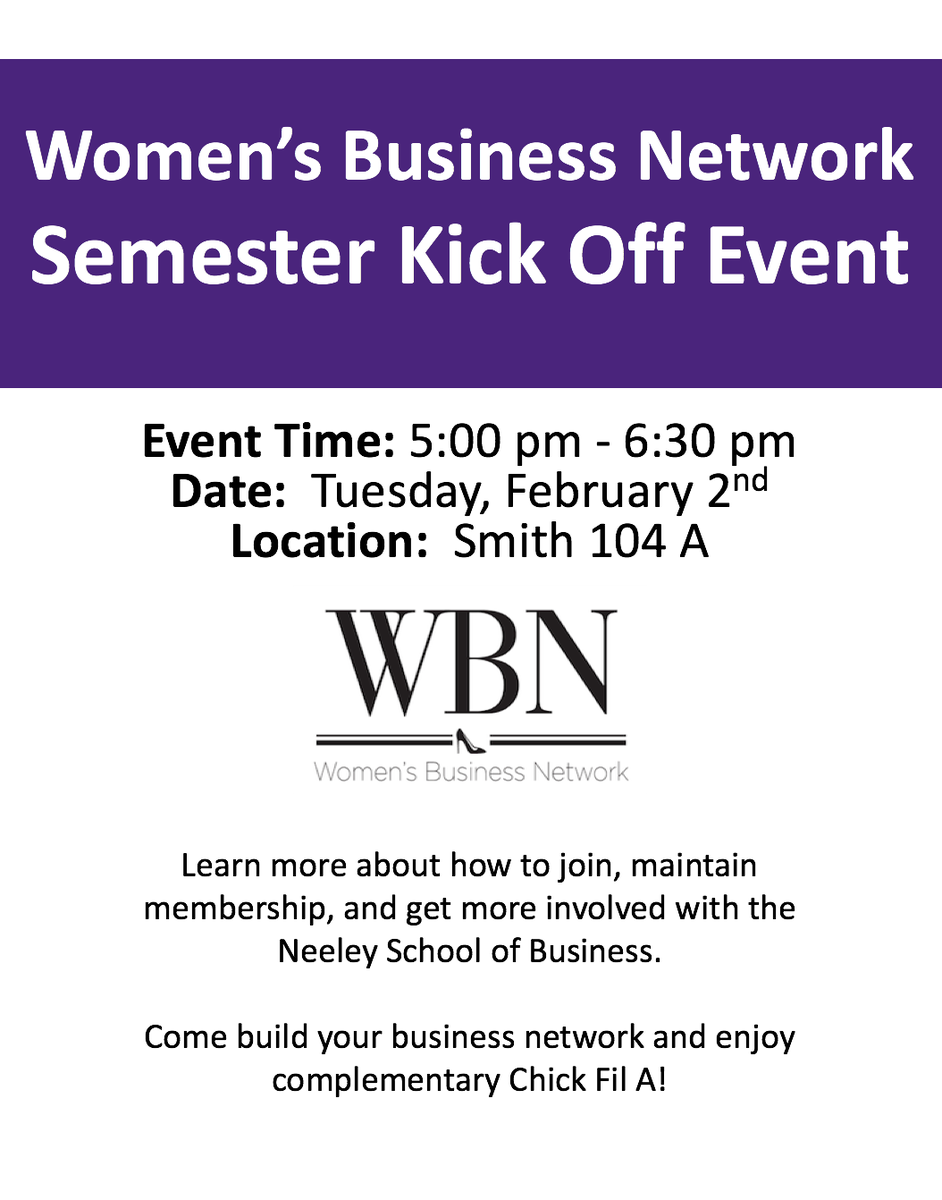 TCU_Biz_Advisor's tweet image. Women&apos;s Business Network Kick Off Event! Tomorrow Feb. 2 @ 5 PM. Chick Fil A will be provided! #TCU #HornedFrogs