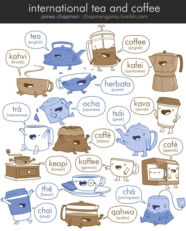 The_YUNiversity's tweet photo. Coffee ☕️ and Tea 🍵 in Different Languages 

https://t.co/WRALQpmHRL 🎨 by @chapmangamo https://t.co/SBw7uToGcC