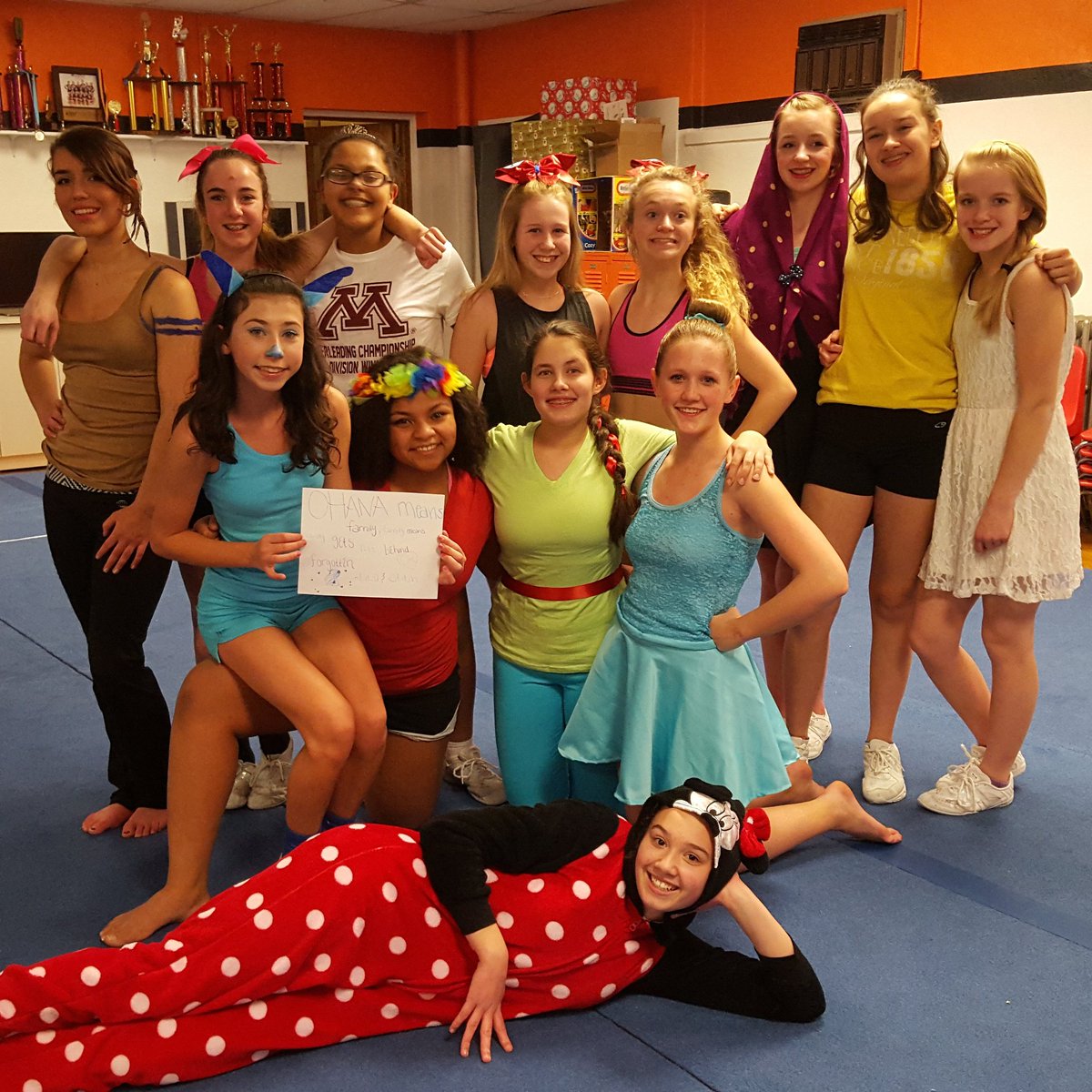 FarmCompCheer's tweet photo. Varsity dressed as Disney characters tonight! Great way to get in the #NHSCC spirit! #fcct #positiveprotons #fabs https://t.co/GJEHshdCbj