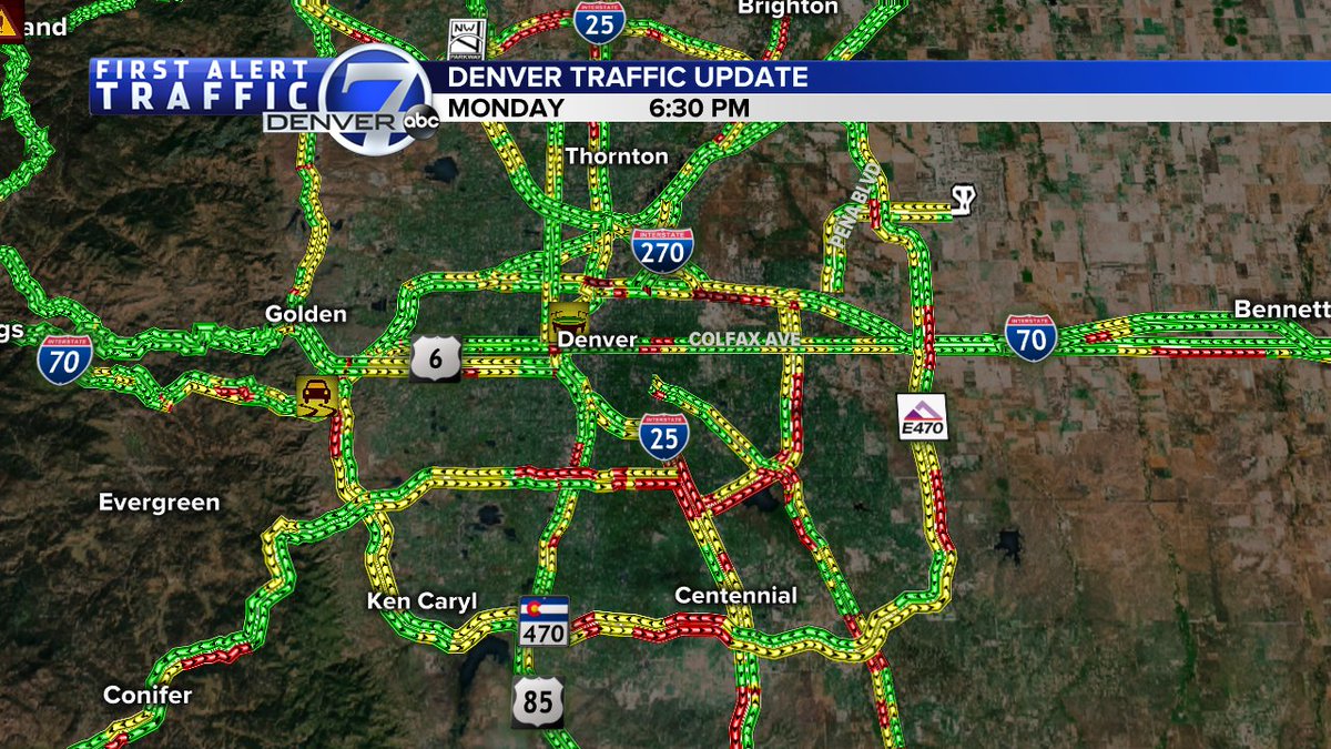 Denver7Traffic's tweet image. This is a look at the Denver traffic map at 6:30pm