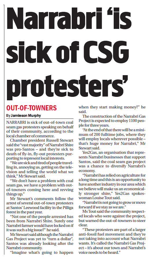 Rick_Wilkinson_'s tweet photo. NARRABRI is sick of out-of-town #csg protesters speaking on behalf
of their community says local chamber of commerce https://t.co/LttI1PTRuV
