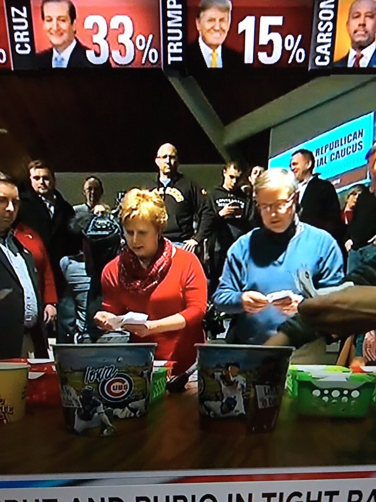 DSemeschuk's tweet photo. #IowaCaucus is this truly how you elect a presidential candidate? Popcorn buckets and plastic buckets? Really? https://t.co/m4vhavfacm
