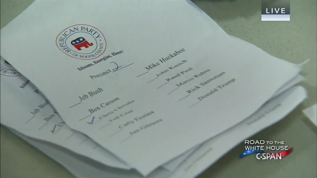 cspan's tweet image. Votes being counted at #Iowa Republican Caucus in Boone– LIVE on C-SPAN cs.pn/1NLXbYz #IAcaucus #IowaTODAY