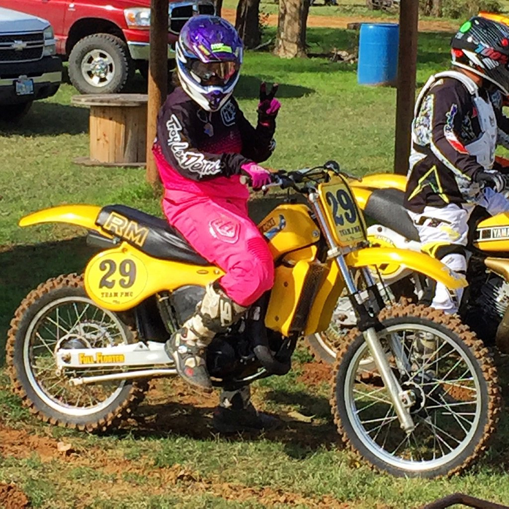 _T_V_R_C's tweet photo. #MxGurl Charlene Campbell on the 1982 Suzuki RM125 at Burleson MX #tvrc race. https://t.co/Yx9qoVdTqT