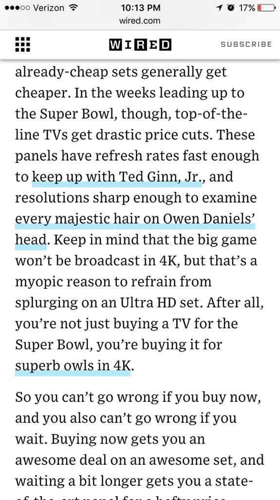 drewtil's tweet photo. @owendanielsflo @WIRED suggests a new 4K tv for #SB50 https://t.co/IaWzf0wsBH