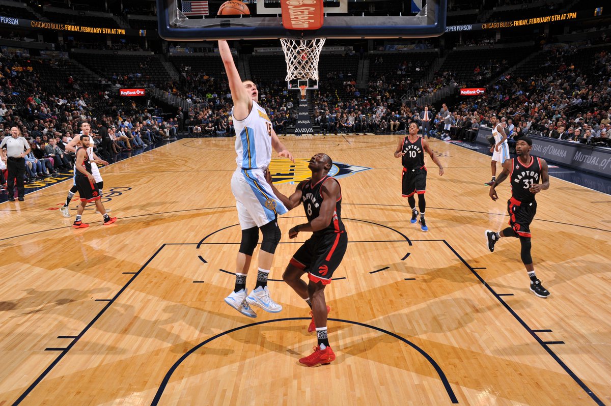 NBA's tweet photo. The @nuggets defeat the @Raptors 112-93 led by Jokic 27 & 14, Barton 20 & 7. DeRozan 24 for TOR. #TORatDEN https://t.co/AFJ6DZKeom