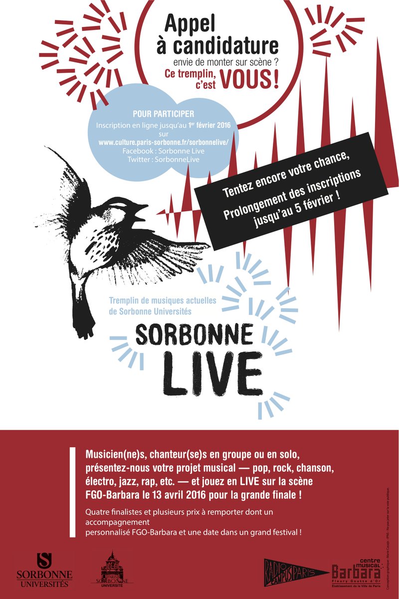 SorbonneLive's tweet photo. Un LIVE sur la scène @fgobarbara ? INSCRIPTIONS OUVERTES jusque vendredi minuit! GO !!! #tremplin #musiquesactuelles https://t.co/xT7afFpRtJ