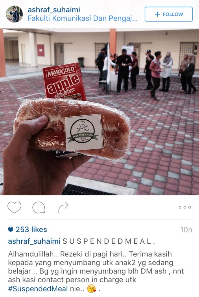 SuspendedMeal's tweet photo. #SuspendedMeal 
Dalam rezeki kita ada rezeki orang lain. Jom Kongsi Rezeki! 

@MPPUiTMLendu @komedlendu https://t.co/JBxCYnvrBK