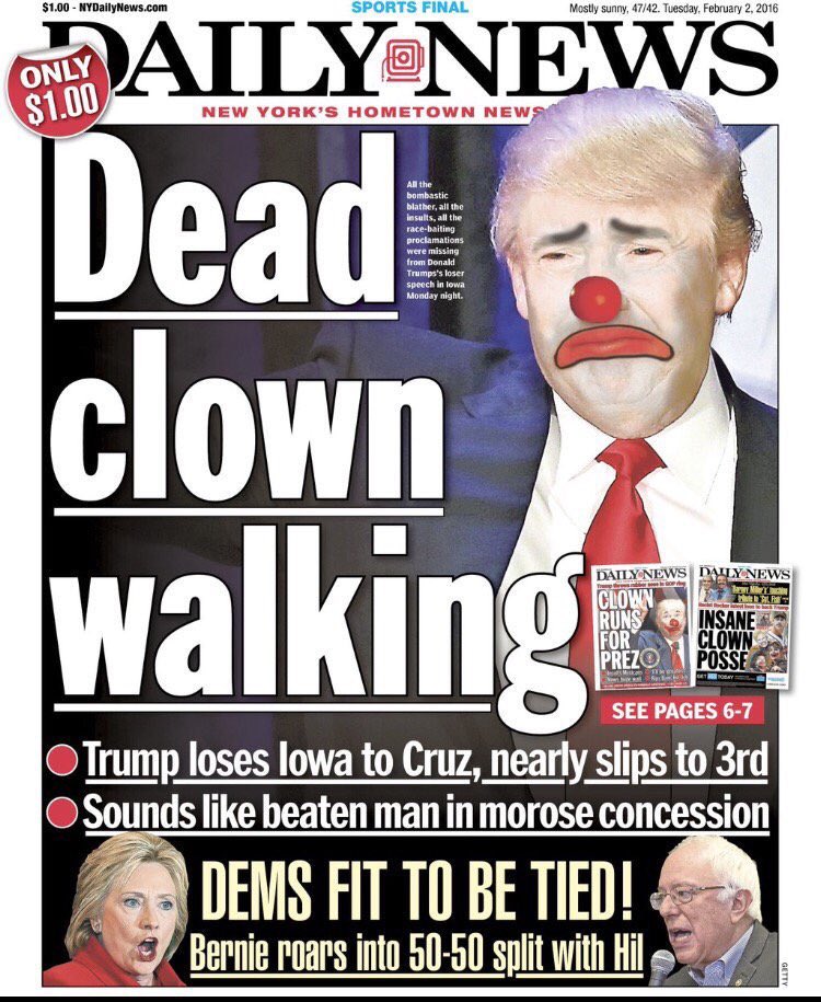 lfaccioli75's tweet photo. una front page appena accennata, quella del daily news #iacaucus https://t.co/UrgSvbecUu