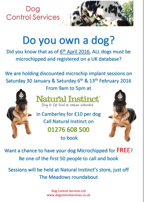 DogControlSvcs's tweet photo. @avidplc we are holding a microchipping session on Sat 6th @NIrawpetfoods in #camberley - some FREE chips available. https://t.co/kismvBYSsh