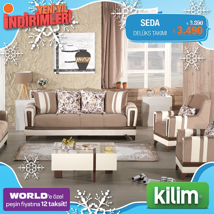 Kilim' de yeni yıl indirimleri başladı!
Seda Delüks Takımı 3.490,00 TL!
Daha fazlası web sayfamızda!