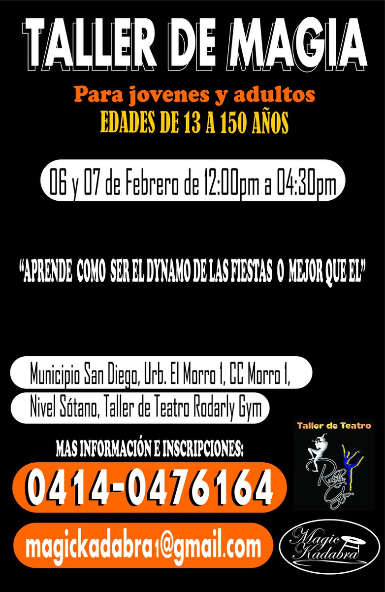 soymagoerick's tweet photo. TALLER DE MAGIA PARA JÓVENES Y ADULTOS.
 INSCRIPCIONES: 0414-0476164. 0414-4449590. magickadabra1@gmail.com https://t.co/O7wMCMaPhy