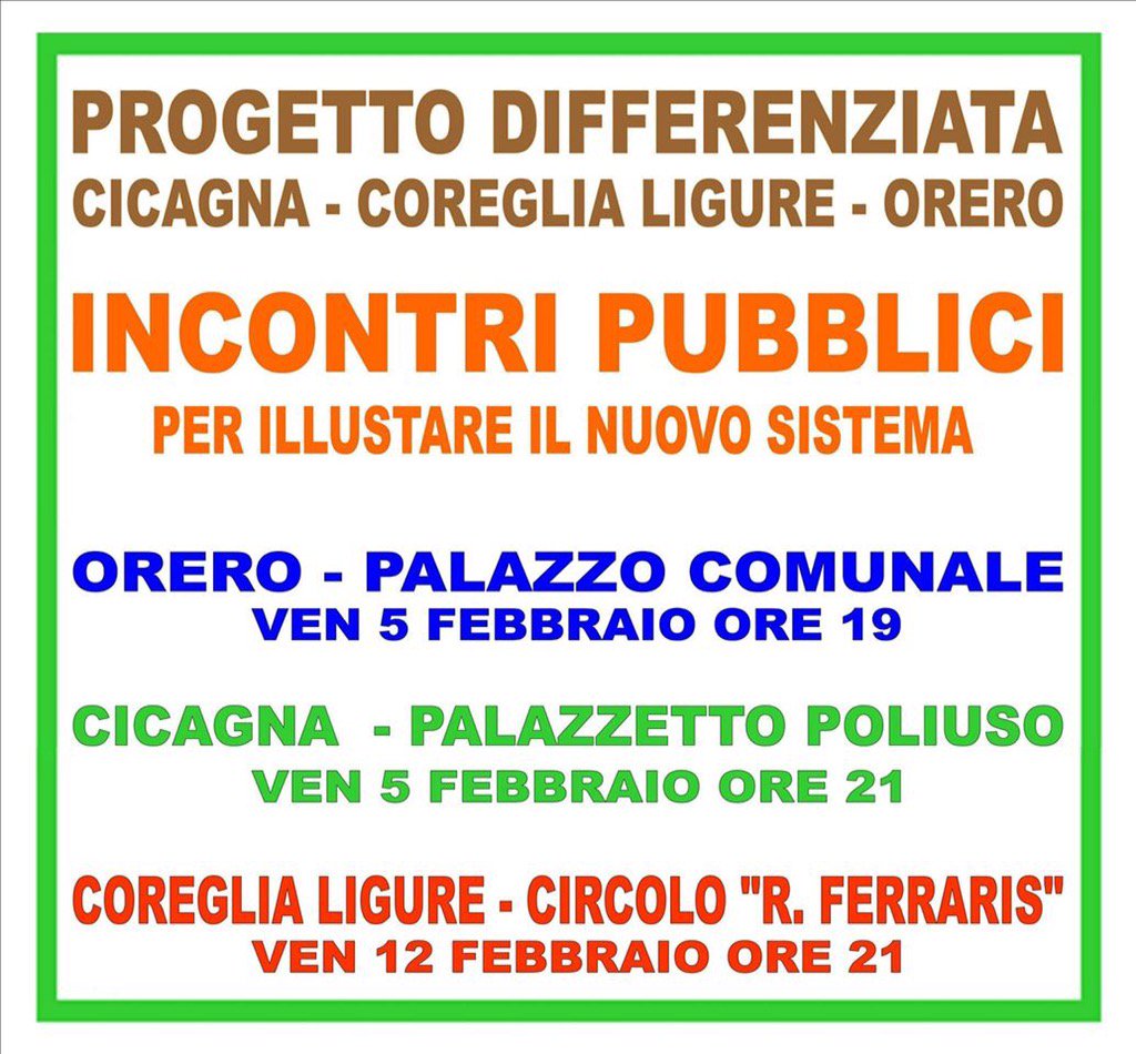 ComuneCicagna's tweet photo. RACCOLTA DIFFERENZIATA: i primi tre incontri pubblici dei Comuni Associati #Cicagna #CoregliaLigure #Orero https://t.co/PXTo4Gt1u5