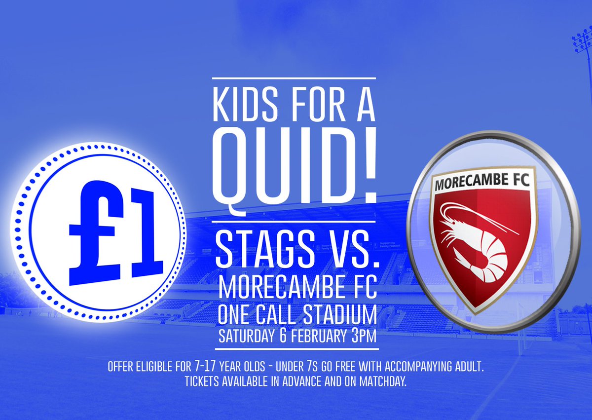 mansfieldtownfc's tweet photo. OFFER: Fans aged 17 and under can watch our match with Morecambe on Saturday (3pm) for £1! https://t.co/VmBwvnTi9E https://t.co/O4gKcI54tF