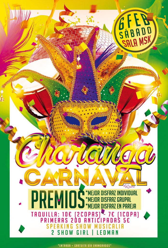 Amig@s! Ponemos a la venta 200 entradas más a 6 euros...poneros en contacto con <a href="/CaarlosAguilera/">Carlos Aguilera</a> #carnavaltequiero