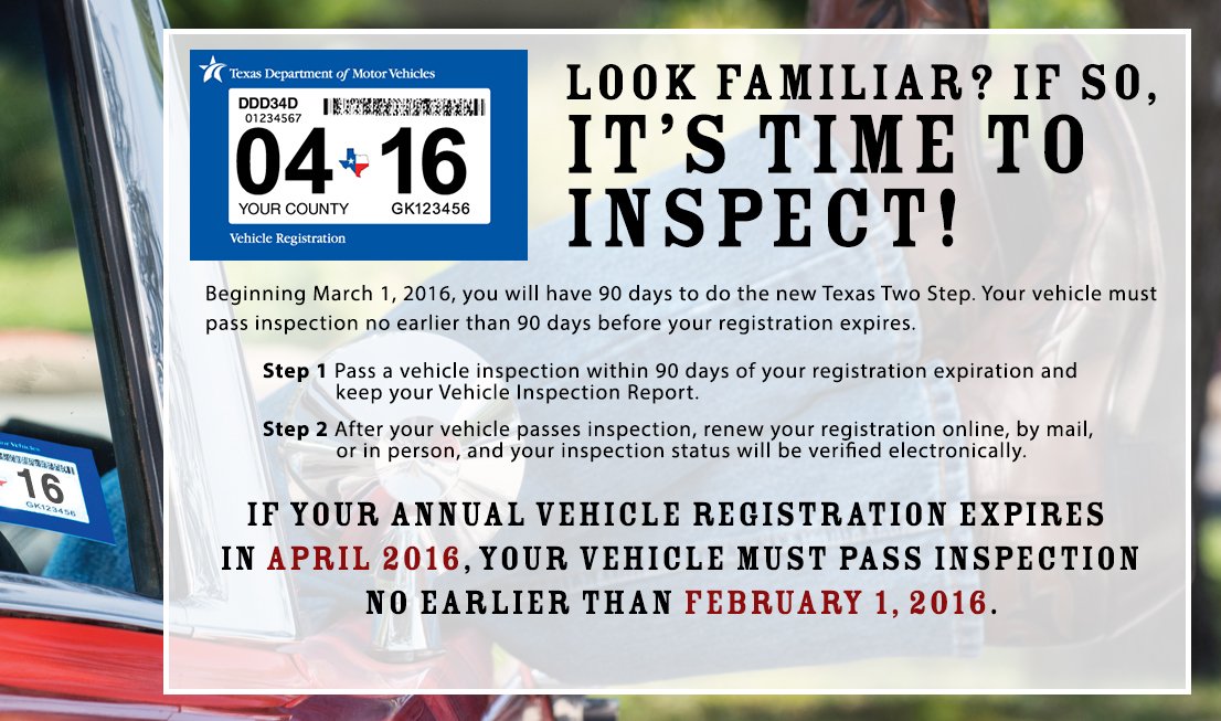 Texas Department Of Motor Vehicles No Twitter If Your Annual Vehicle Registration Renewal Is Due In April You Are Now Eligible To Obtain Your Annual Inspection Https T Co Zhsrvdpznh