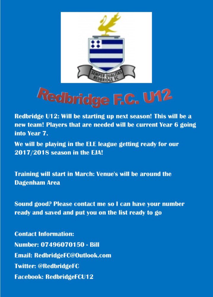 RedbridgeFC's tweet photo. New team starting up looking for players #squadbuilder can everyone please retweet @EssexCountyFA https://t.co/o84nXuoNO0