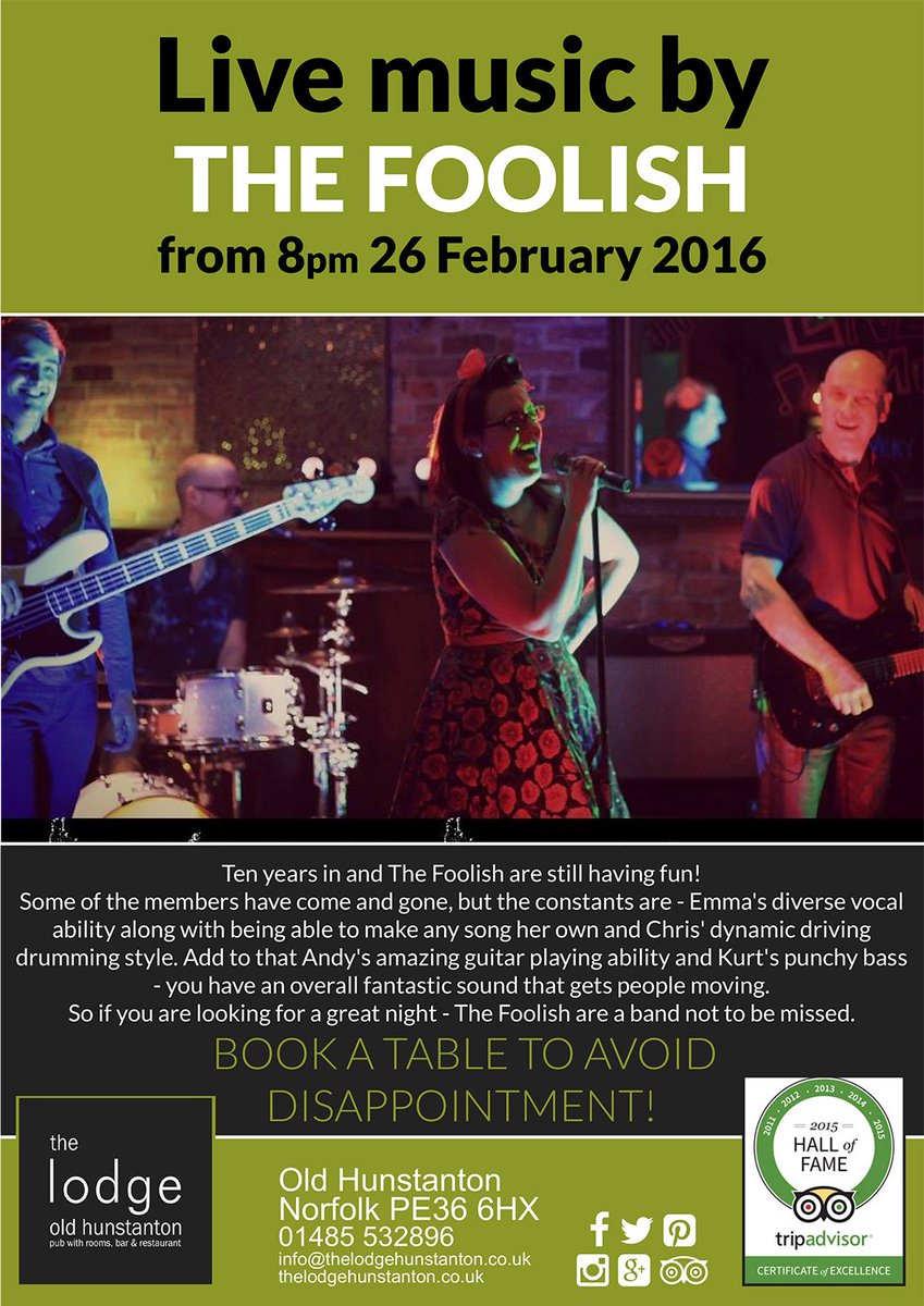 EnjoyingNorfolk's tweet photo. Not to be missed #thefoolish live @lodge01 26th Feb https://t.co/np6HUiL7k3 https://t.co/TTuhYcOOjo