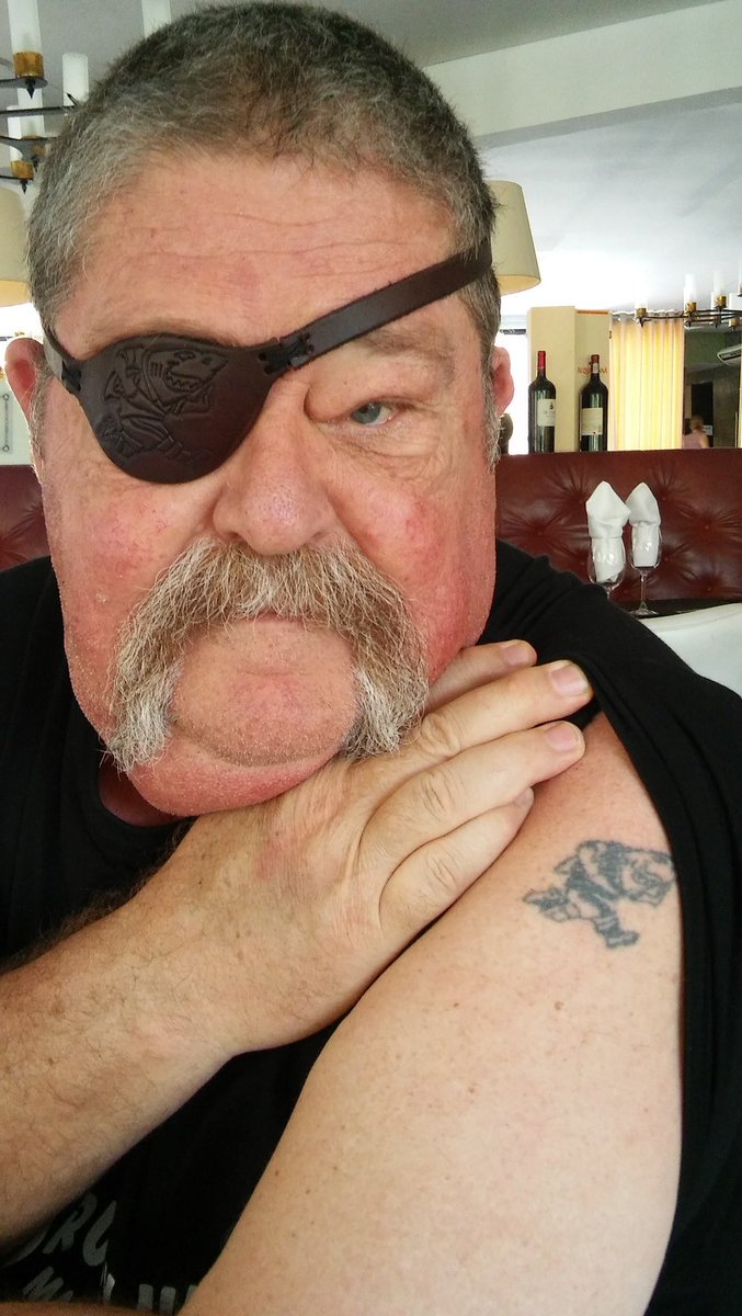 ChefShev's tweet photo. This is my old man with his sharks tat and matching custom made leather sharks eyepatch! #stickwiththesharks https://t.co/jd7PuN3Otm