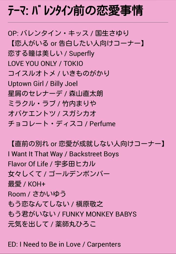 Nori104 お送りするテーマは バレンタインデー直前 あなたの恋愛事情は 全世代 未婚の男女 を対象に バレンタインはどうするの といった質問をリスナーに問いかけつつ 音楽をかけるスタイル マイナーな曲はさほど入れてません 私dj T