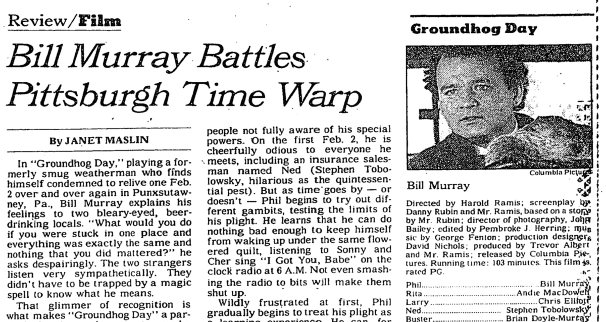 Bill Murray Battles Pittsburgh Time Warp: Our review of Groundhog Day, 1993. nyti.ms/1SxV29j