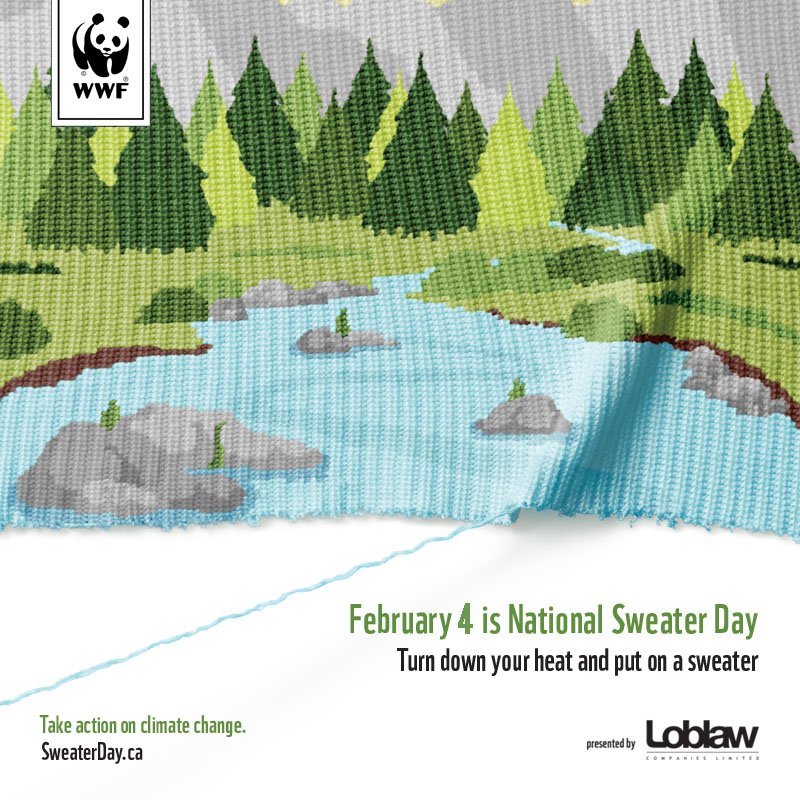WWFCanada's tweet photo. Take action on #climatechange and #conserveenergy.  On Feb 4, turn down the heat and put on a sweater #SweaterDay https://t.co/O84Bu9hLbx
