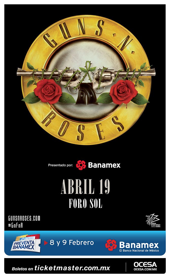 Slash's tweet photo. Guns N Roses are playing at Forum Sol De Mexico City on 4/19. Tickets on-sale 2/10 at 9 AM PST. #slashnews https://t.co/D6los6k7Xk