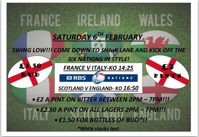 Shaw_LaneSC's tweet photo. #RBS6Nations Shown live here at Shaw lane!£1.50 bud,£2.00 pints available from 2-7!Don't miss out! #barnsleyisbrill https://t.co/ZUY1Mh0w1N