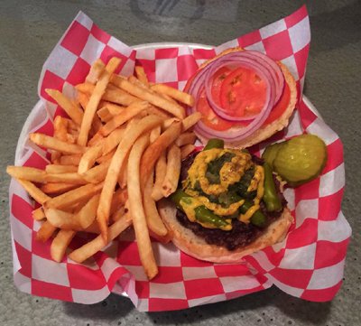 This weeks Craft Burger; "CHI-TOWN" Beef patty, sport peppers, relish, pickles, tomato, onion, mustard, celery salt