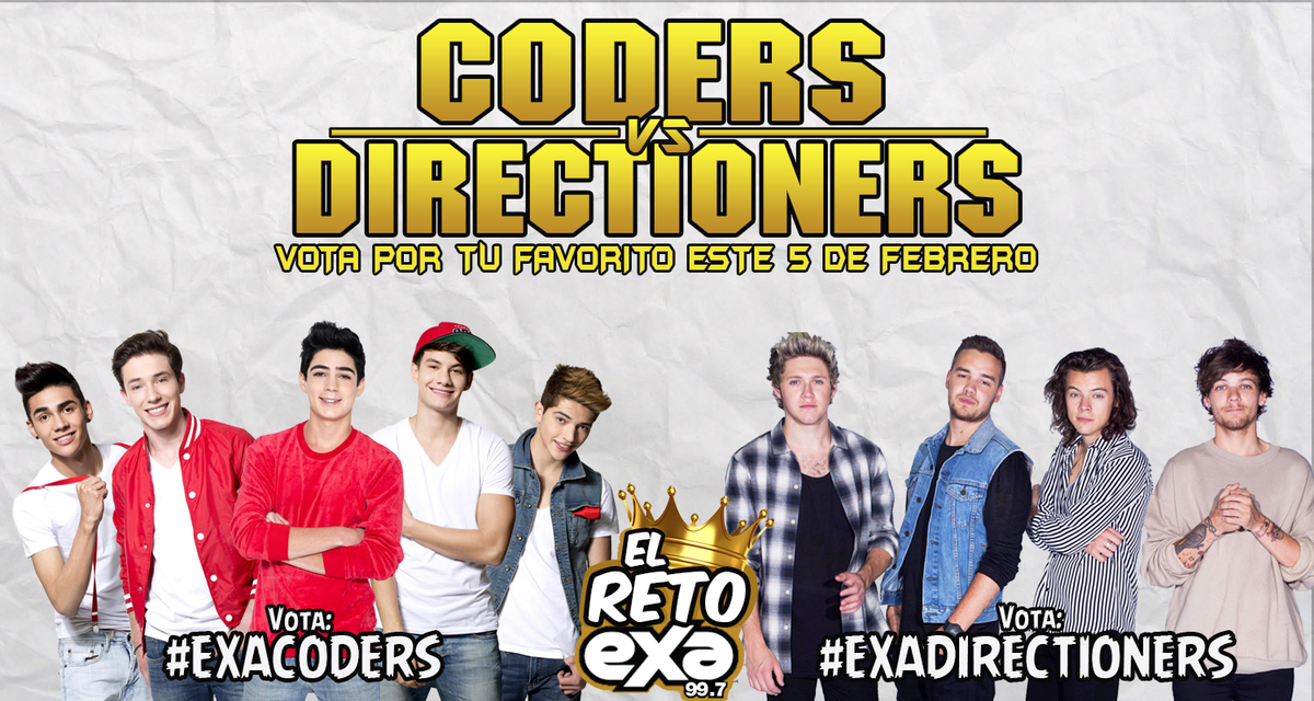 exacarmen's tweet photo. Regresa el #RetoEXA.
Coders VS Directioners
@onedirection VS @somosCD9
Tú decides quien será el ganador https://t.co/qKfA0JZvVW