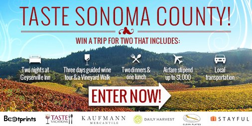 tastevacations's tweet photo. Win a fabulous #Sonoma County #wine tour! https://t.co/wrrrkHgLb5 @CleanPlates @DlyHarvest @KaufmannMerc @stayful https://t.co/JZPs4QsS7F
