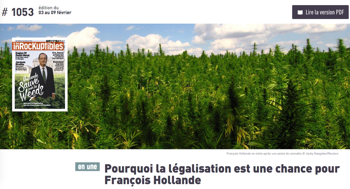 lesinrocks's tweet photo. "Hollande sauvé par la weed?" notre nouveau numéro en intégralité sur les Inrocks premium: https://t.co/C2HxfZqhGn https://t.co/DTja6FmIl7