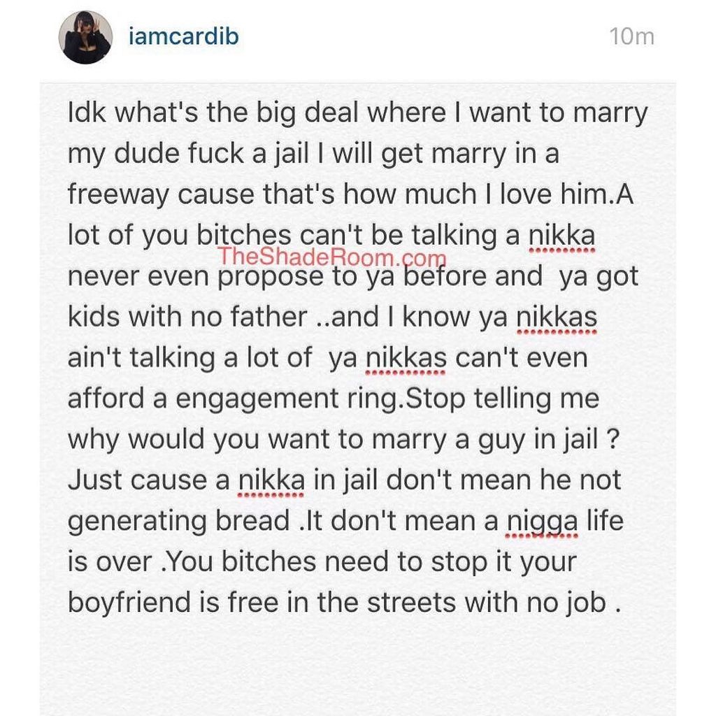 TheShadeRoom's tweet photo. #CardiB clapping back at haters attacking her for wanting to get married in jail! #ClapBac… https://t.co/jOZZ3cJdM3 https://t.co/QHr6Mv8xSq