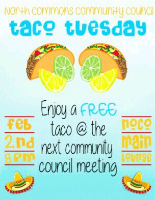 UnivNorthCommon's tweet photo. What's happening at NoCo?
TONIGHT TACO TUESDAY AT THE COCO MEETING.
SUNDAY SUPER BOWL PARTY!!
#bethereorbesquare https://t.co/jnbpag97kx