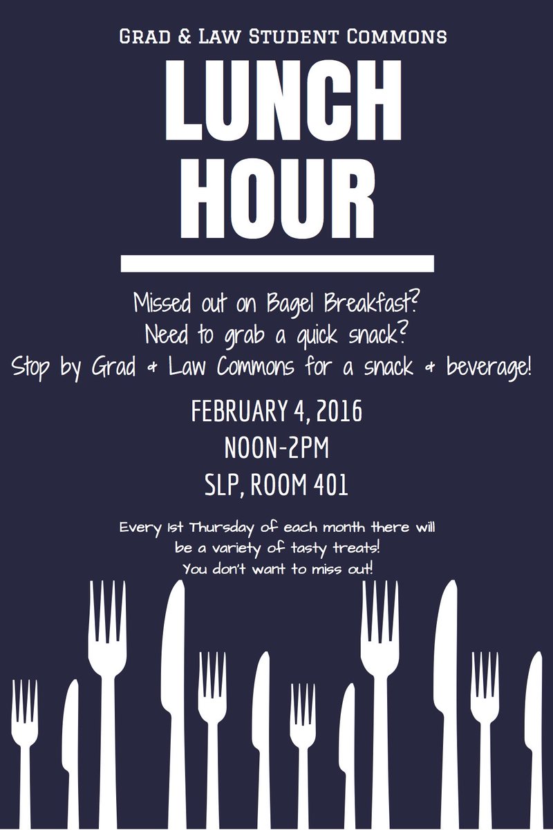 Need to grab a quick snack before your next class? Stop by Grad/Law Student Commons Noon-2pm, SLP, rm 401, Feb. 4