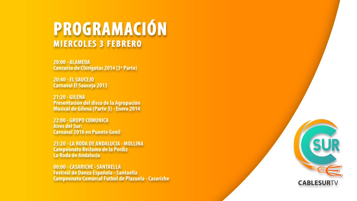 Cablesur_TV's tweet photo. PROGRAMACIÓN
MIERCOLES 3 FEBRERO https://t.co/Z9n5fKGauS