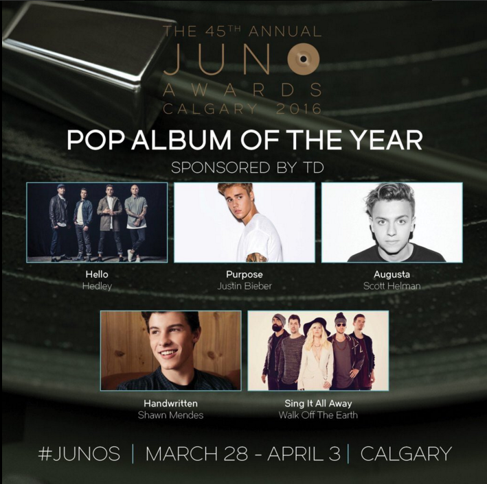 Hedleyonline's tweet photo. Honoured to be nominated for 'Pop Album of the Year' and 'Group of the Year' for the #Junos2016 XO - TH https://t.co/EkHoZcUtRJ