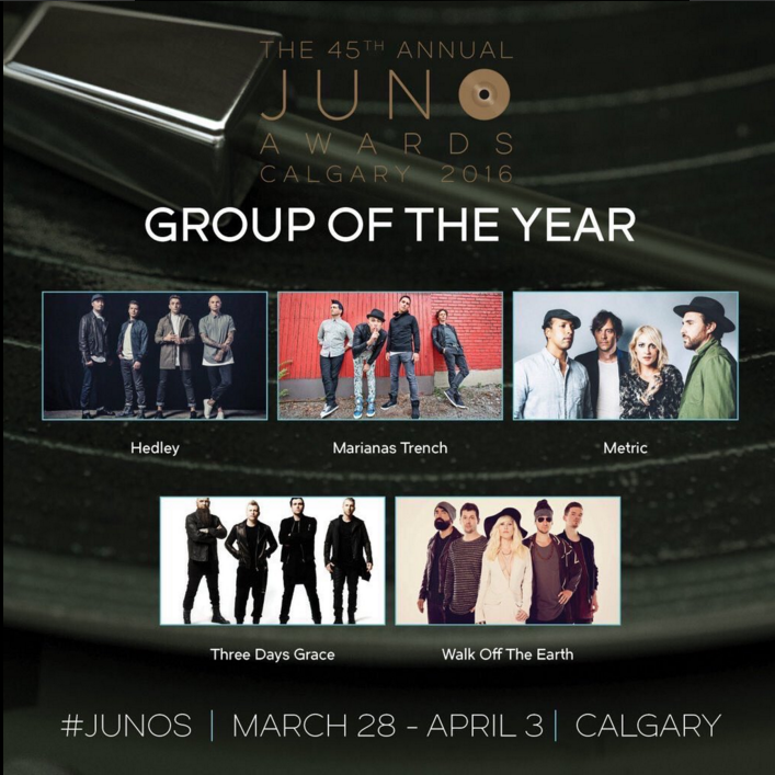 Hedleyonline's tweet photo. Honoured to be nominated for 'Pop Album of the Year' and 'Group of the Year' for the #Junos2016 XO - TH https://t.co/EkHoZcUtRJ