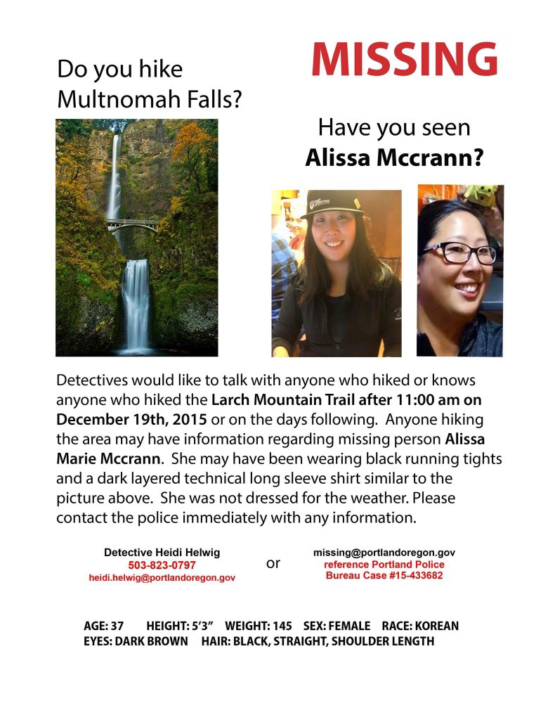 TeamFusionPDX's tweet photo. Still trying to #findalissa
Know anyone who might have been near Mult. Or Larch Fall on 12/19? https://t.co/WolwxHGVo9