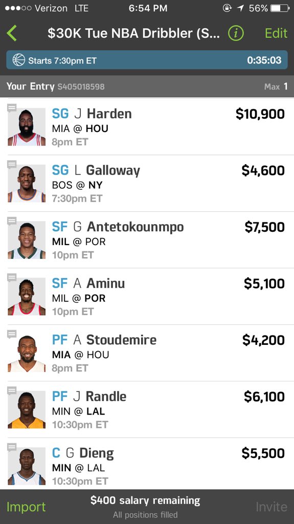 DFSHoosier's tweet photo. Main slate lineup #NBA #fanduel https://t.co/fn7sgoKBiK